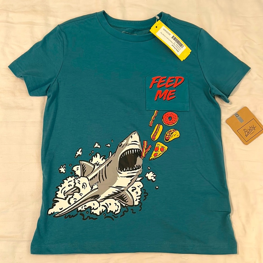 New w/ Tags Turquoise “Feed Me” Shark Graphic T-Shirt- Little Boys Size S/6-7